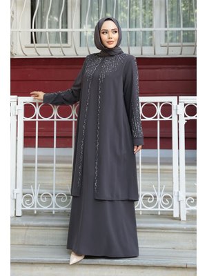 Boncuk İşlemeli Füme Abaya 29131fu