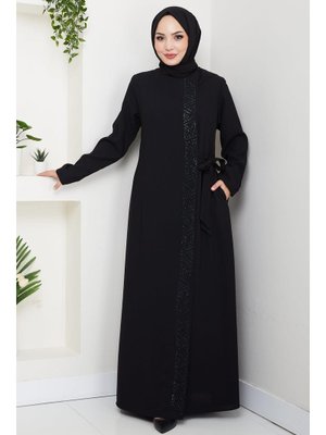 Siyah Gizli Fermuarlı Yandan Bağlamalı Boncuklu Ferace