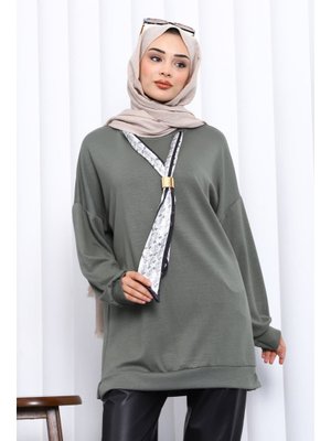 Haki Fular Aksesuarlı Modal Tunik