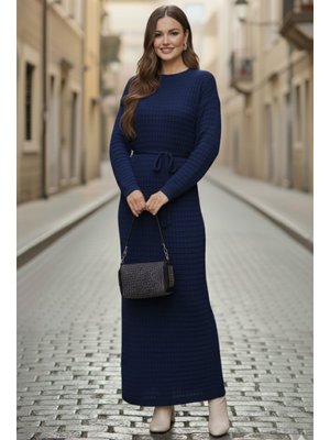 Lacivert Palmiye Fileli Triko Elbise
