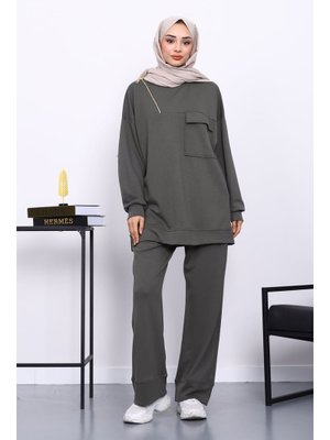 Haki Tek Cepli Tunik Pantolonlu Modal Takım