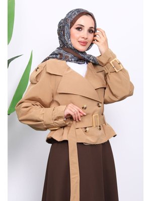 Camel Kruvaze Yaka Kemerli Kısa Trençkot
