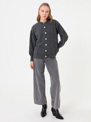 Antrasit Tam Boy Düğmeli Basic Triko Hırka