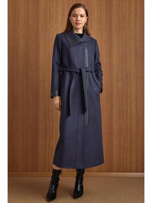 Lacivert Devrik Yaka Fermuar Kapamalı Deri Garnili Süet Görünümlü Kap