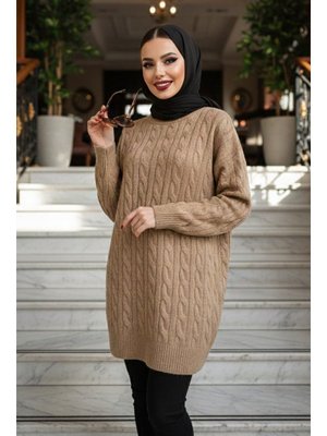 Örgü Detaylı Camel Triko Kazak Tunik 8263c