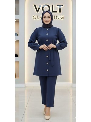 Lacivert Metal Düğmeli Scuba Pantolonlu İkili Takım