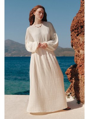 Ekru Müslin Beli Büzgülü Elbise