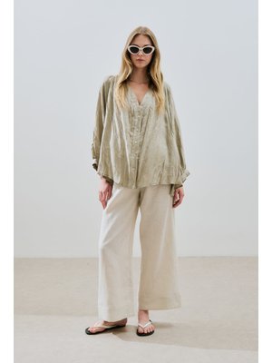 Yeşil Keten Crush Düğmeli Bluz