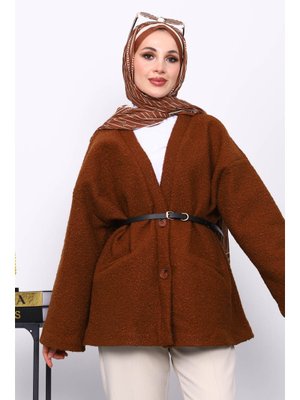 Kahverengi Kemerli Oversize Buklet Ceket