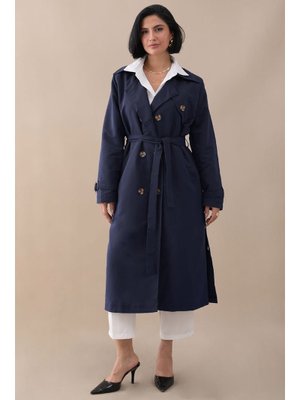Çapraz Cep Detaylı Lacivert Trençkot