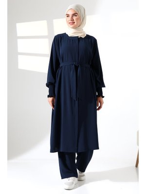 Lacivert Keten Hac Ve Umre Kıyafeti Kemerli İkili Takım