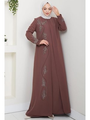 Kahverengi Büyük Beden Yaprak Taşlı Anne Elbisesi