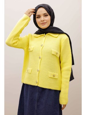 Sarı Süs Cepli Triko Hırka