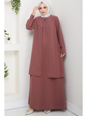 Kiremit Büyük Beden Boncuklu Taşlı Anne Elbisesi