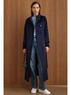 Lacivert Hakim Yaka Ribana Detaylı Uzun Moher Kaban