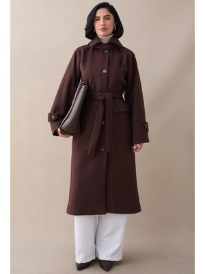 Yakası Apoletli Kapak Cep Acı Kahve Kaşe Kaban