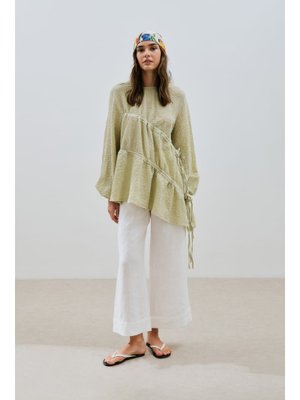 Yeşil Büzgü Bağlamalı Dokulu Tunik