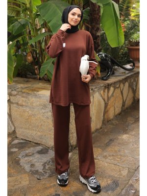 Kahverengi Armalı Tunik Pantolonlu Takım
