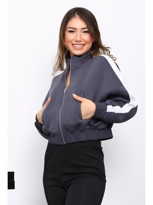 Antrasit Fermuarlı Üç İplik Sweat Hırka