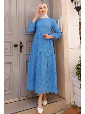 Kol Ucu Lastikli İndigo Mavisi Elbise 1073ım