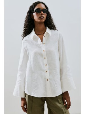 Ekru Keten Geniş Manşetli Gömlek
