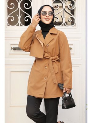 Düğmeli Taba Kısa Trençkot 19024tb