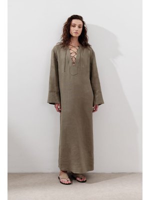 Haki Keten Bağlama Detaylı Elbise
