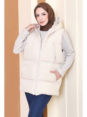 Krem Cep Detaylı Şişme Kapitone Yelek