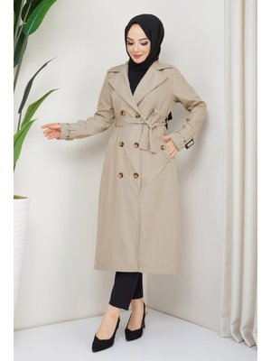 Kruvaze Yaka Kuşaklı Astarlı Krem Trençkot