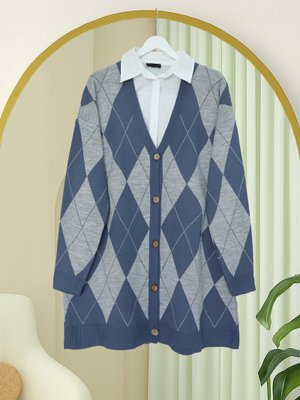 İndigo Önü Düğmeli Baklava Desen Salaş Triko Hırka