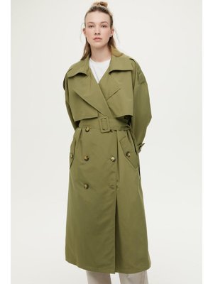 Haki Düğmeli Kruvaze Trençkot