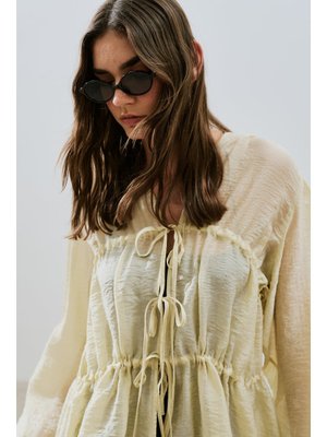 Sarı Büzgülü Bağlamalı Bluz Soft