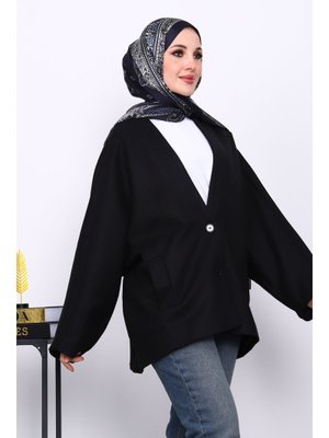 Siyah Düğme Detaylı Astarlı Kaşe Ceket