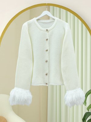 Ekru Kalp Düğmeli Kolu Saçaklı Triko Hırka