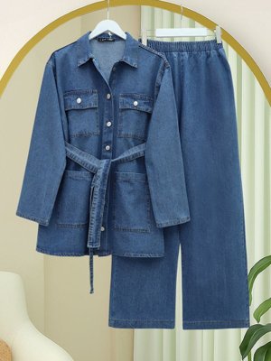 Mavi Beli Kemerli Cepli Önü Düğmeli Kot Takım