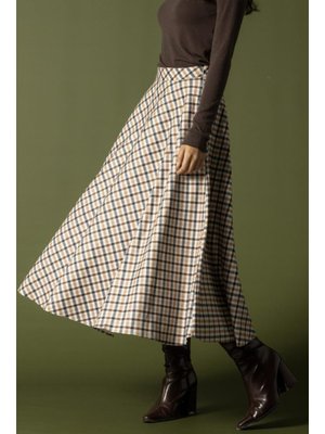 Bej Ekose Desenli Kloş Etek