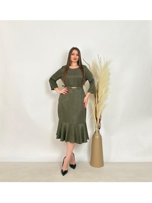 Yeşil Büyük Beden Alt Etek Kısmı Balık Detaylı Kemerli Elbise