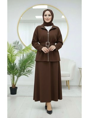 Kahverengi Loyşa Kemer Detaylı Etekli Takım