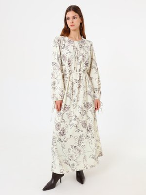 Kolları Bağcık Detaylı Elbise Krem Cicek Desenli