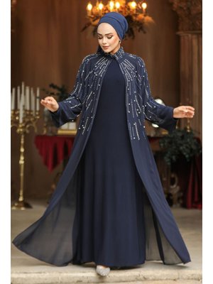 Boncuk İşlemeli Lacivert Abaya Takım 25903l