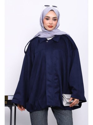 Lacivert Eteği Pileli Oversize Süet Ceket