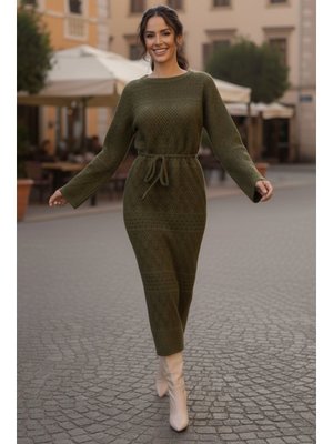 Haki Baklava Desenli Fileli Triko Elbise