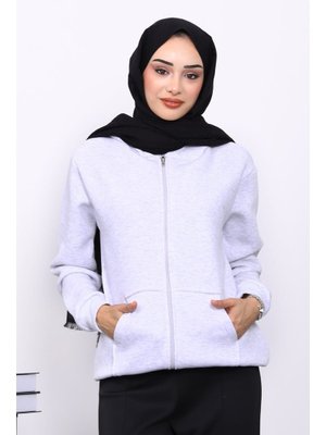 Açık Gri Kanguru Cepli Şardonlu Üç İplik Hırka