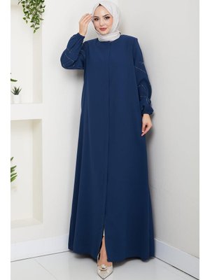 İndigo Kolları Taşlı Büyük Beden Ferace