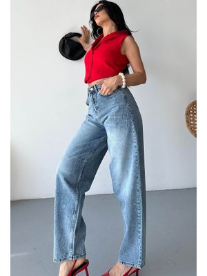 Mavi Mavı Tokalı Baggy Kot Pantolon