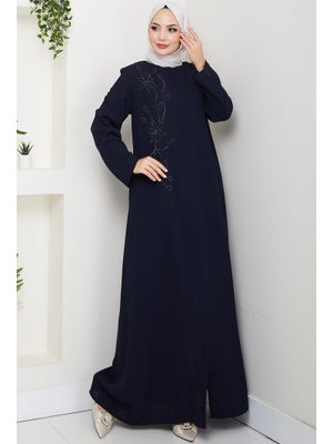 Lacivert Çiçek Detay Taşlı Ferace