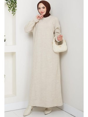 Taş Rengi Fitilli Triko Elbise