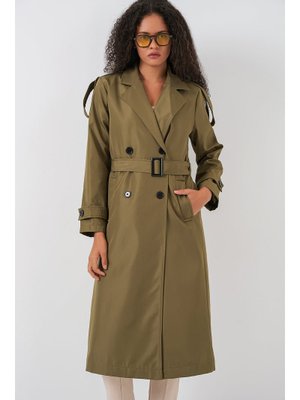 Haki Kruvaze Yaka Uzun Trençkot