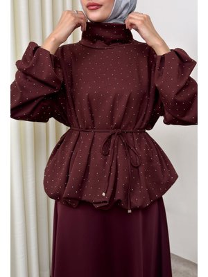 Bordo Taş Detaylı Salaş Swit Bluz