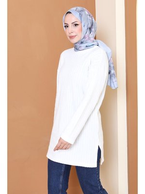 Beyaz İnterlok Yırtmaçlı Tunik